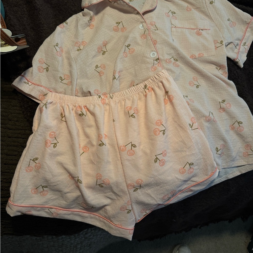 Baby pink cherry matching pj set
